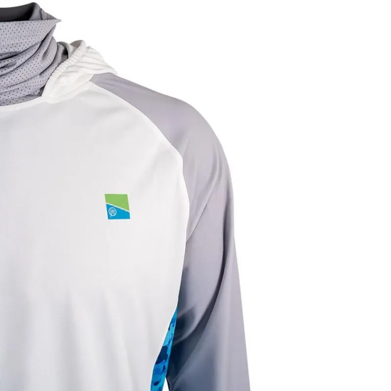 Preston Innovations Tee Shirt Manches Longues Homme Performance Hooded Sun Shirt Upf-40 - Blanc/Gris * Anti-Uv