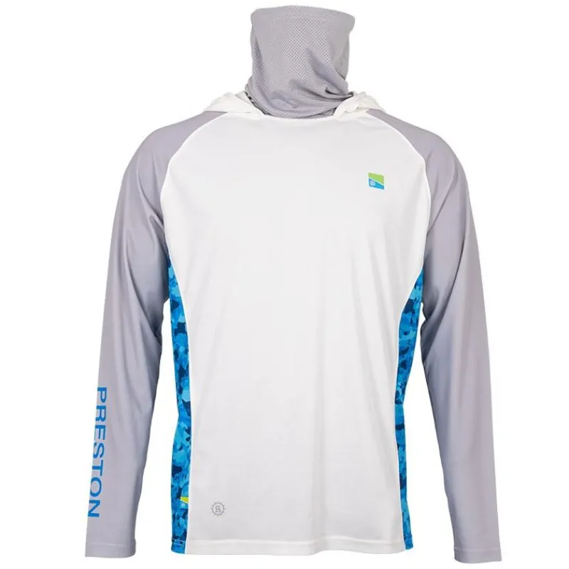 Preston Innovations Tee Shirt Manches Longues Homme Performance Hooded Sun Shirt Upf-40 - Blanc/Gris * Anti-Uv