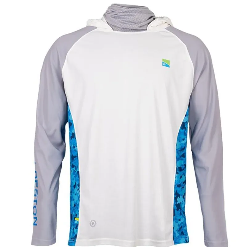 Preston Innovations Tee Shirt Manches Longues Homme Performance Hooded Sun Shirt Upf-40 - Blanc/Gris * Anti-Uv