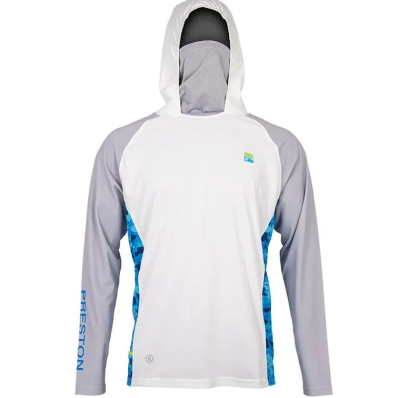 Preston Innovations Tee Shirt Manches Longues Homme Performance Hooded Sun Shirt Upf-40 - Blanc/Gris * Anti-Uv
